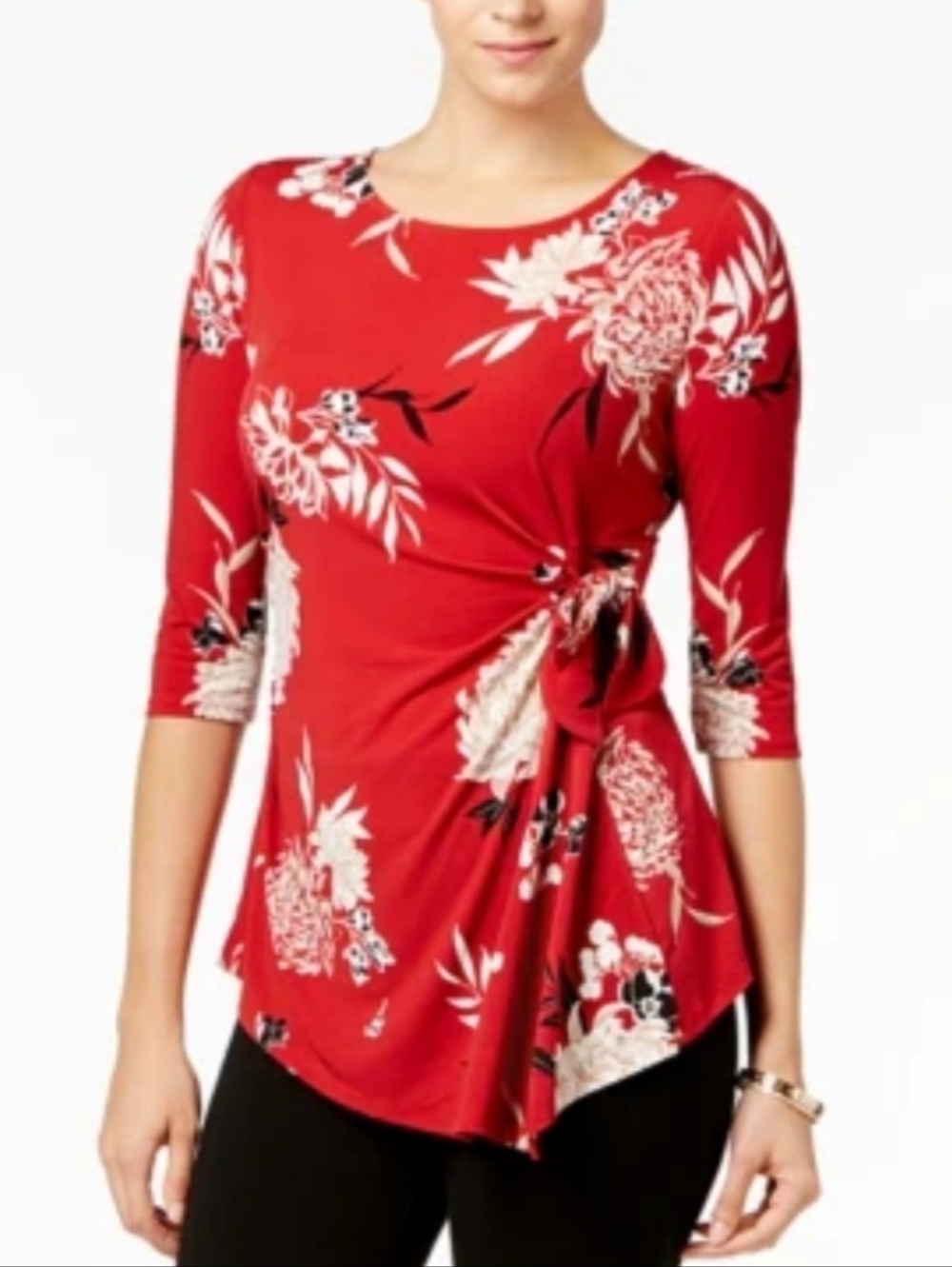 Alfani Womens Printed Side-Tie Top Red White Floral Stretch 3/4 Sleeve PL